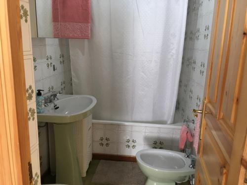 La salle de bains est pourvue d'un lavabo, de toilettes et d'une douche. dans l'établissement CASA EL ROSEDAL en Ortigueira, à Ortigueira