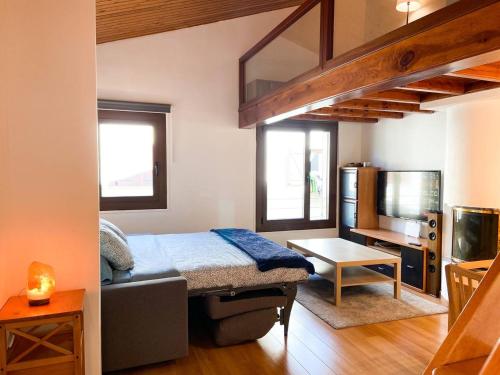 um quarto com uma cama e um sofá num quarto em Elegante Ático Encamp - FREE Parking Wifi SmartTv - Con altillo y 2 baños completos! em Encamp