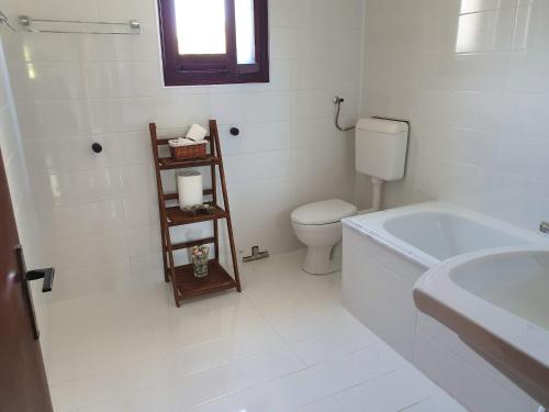 La salle de bains est pourvue de toilettes, d'une baignoire et d'un lavabo. dans l'établissement Villa River Pehchevo, à Pehčevo