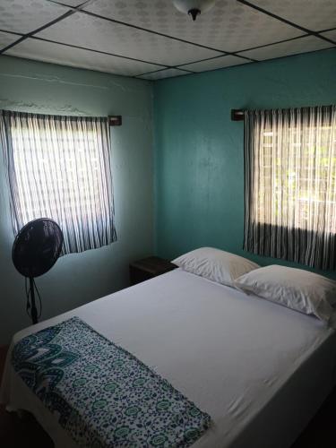 Almirante的住宿－Gia's Garage & Home for Bocas travelers，一间卧室设有两张床和两个窗户。