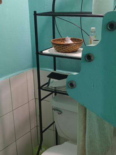 a bathroom with a toilet and a basket on a shelf at Gia's Garage & Home for Bocas travelers in Almirante