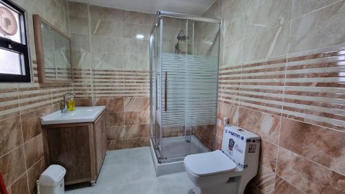 a bathroom with a shower and a toilet and a sink at Stay Classy Apartments in Wadi Musa