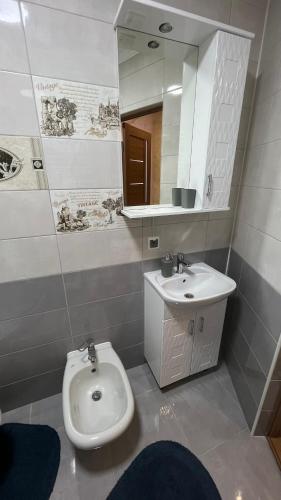 y baño con lavabo, aseo y espejo. en Стильні та просторі апартаменти «D.І.М.», en Kamianets-Podilskyi