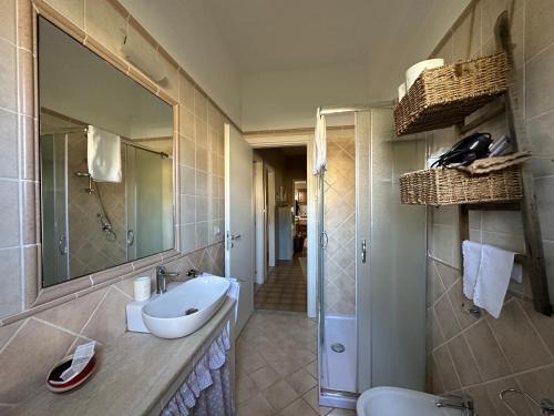 een badkamer met een wastafel, een spiegel en een douche bij Sea Sunsets - Apartments - Falerna Lido - Gizzeria Lido in Gizzeria