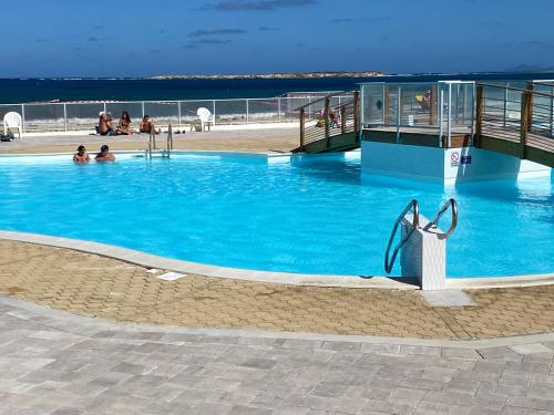 a large blue swimming pool next to a beach at Ocean Front studio , step to the beach in Cul de Sac