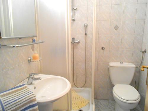 y baño con aseo, lavabo y ducha. en Villa Luma Apartments en Labin