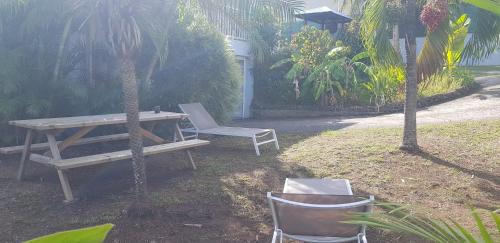 a picnic table and two chairs in a yard at Studio moderne climatisé avec jardin, plage à pied in Le Diamant