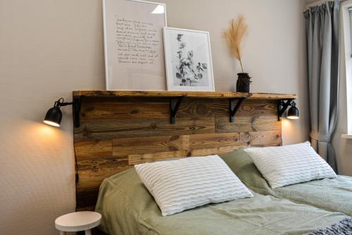 a bedroom with a bed with a wooden headboard at Gastenverblijf De Weldadigheid in Eesveen