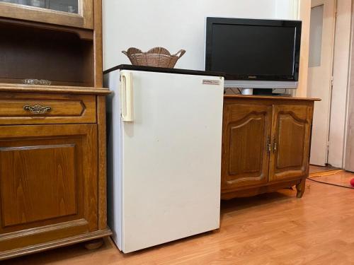 a white refrigerator in a kitchen with a tv at Stan na dan Boljevac in Boljevac