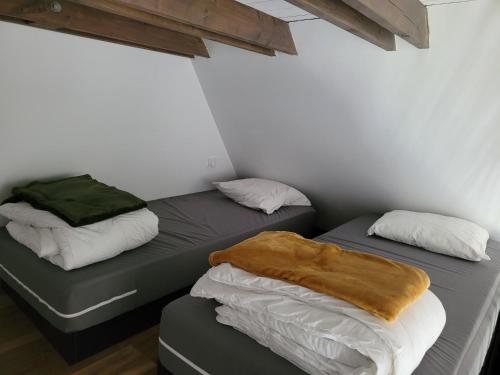 two twin beds in a room with a window at Le moulin des vignes in Clairvaux-dʼAveyron
