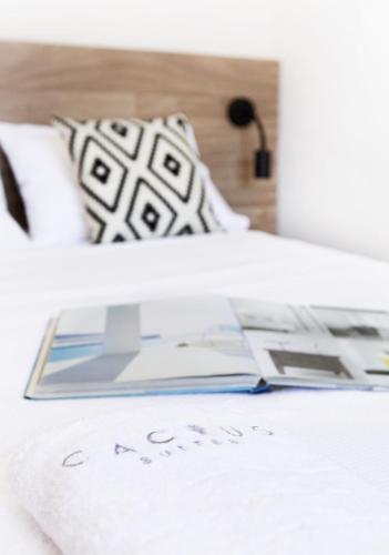 a book on top of a bed with a pillow at Cactus Suites Kythnos in Mérikhas
