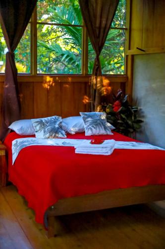 a bedroom with a red bed with a window at Casa Drake Lodge in Drake