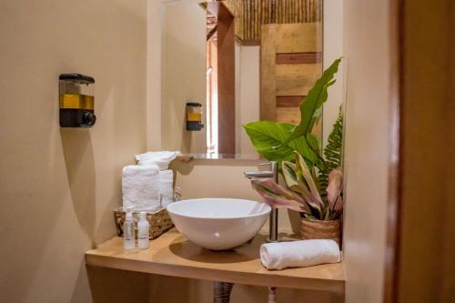 a bathroom with a bowl sink and a mirror at Biohotel Arara River in Leticia