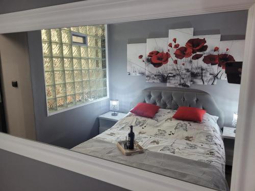 sypialnia z łóżkiem z czerwonymi poduszkami i oknem w obiekcie Apertment Wenus w Zabrzu