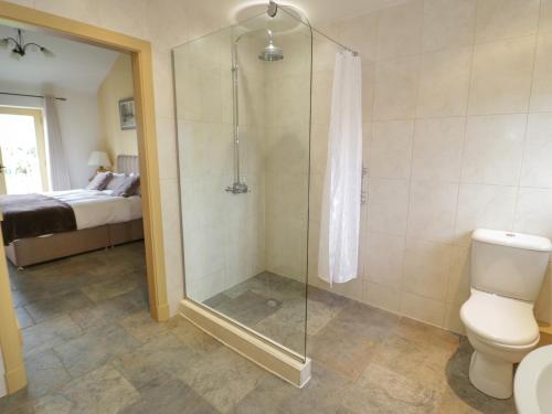a bathroom with a shower and a toilet and a bed at No 3 The Dairy in Llangefni