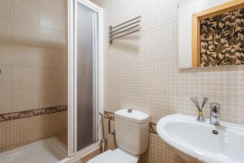 La salle de bains est pourvue de toilettes, d'un lavabo et d'une douche. dans l'établissement Bright Apartment at Santa Cruz 6 pax, Parking Optional, à Séville
