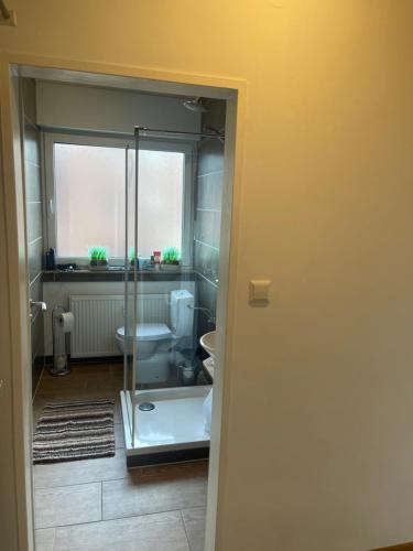 a bathroom with a glass shower and a toilet at Schönes Appartement in Rheine Zentrumsnah in Rheine