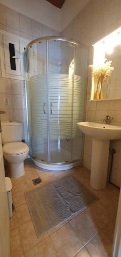 een badkamer met een douche, een toilet en een wastafel bij Glyfada Seaview 126 in Glyfada