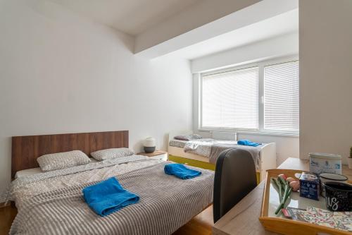 1 dormitorio con 2 camas y ventana en High-End Spacious Apartment next to City Mall, en Skopje