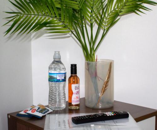 a table with a plant and two bottles of water at SHM Stays Great for long term stays & Short Stays, 15 min drive to City Centre & Airport 2 min walk to Shops and Train Station in Birmingham