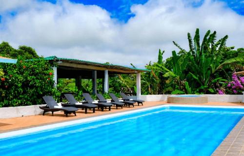 a swimming pool with lounge chairs next to a resort at Enchanted Galapagos Lodge in Puerto Ayora