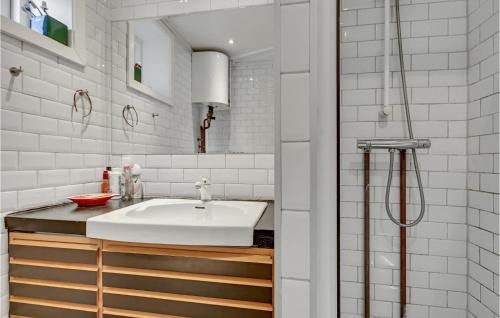 uma casa de banho branca com um lavatório e um chuveiro em Awesome Home In Hornslet With Wifi em Hornslet
