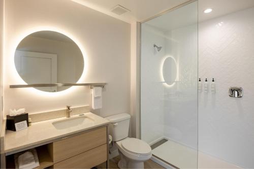 a bathroom with a shower and a toilet and a sink at TownePlace Suites by Marriott Canton Riverstone Parkway in Canton