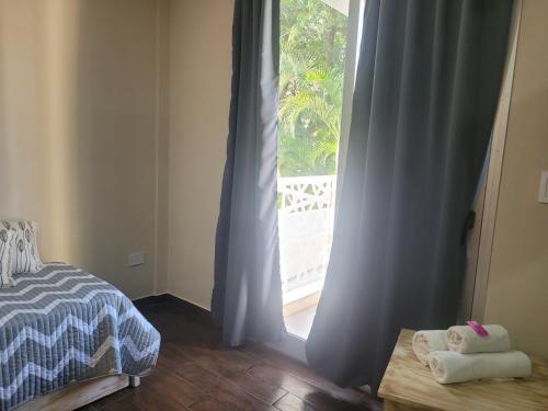 a bedroom with a bed and a large window at Depto. Céntrico III in Corrientes