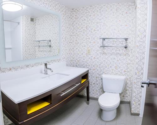 a bathroom with a toilet and a sink and a mirror at Holiday Inn Hotel & Suites Stockbridge-Atlanta I-75, an IHG Hotel in Stockbridge