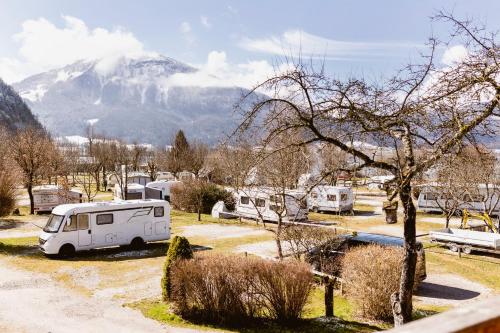 a van parked in a field with a mountain in the background at Seehotel Berau in St. Wolfgang