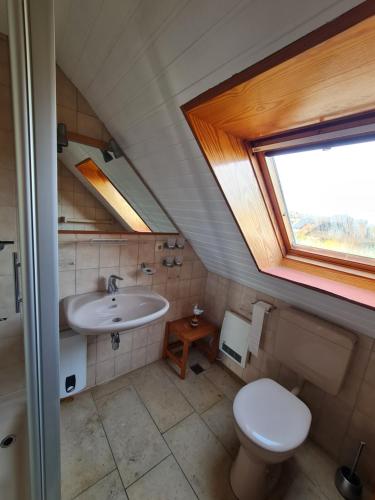 a bathroom with a sink and a toilet and a window at Ferienwohnungen Buschsand 15 Friedrichskoog-Spitze in Friedrichskoog