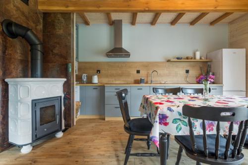 a kitchen with a table and a stove at Rentynówka in Gietrzwałd