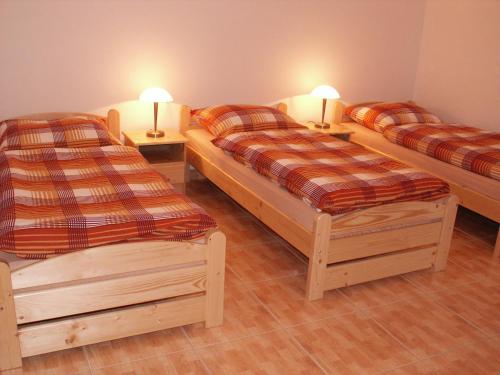 een slaapkamer met 2 bedden en 2 lampen op tafels bij Lipnoapartments 88 in Lipno nad Vltavou