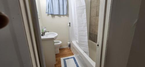 La petite salle de bains est pourvue d'un lavabo et de toilettes. dans l'établissement ChessKings Guest House - Unit 1, à Winnipeg