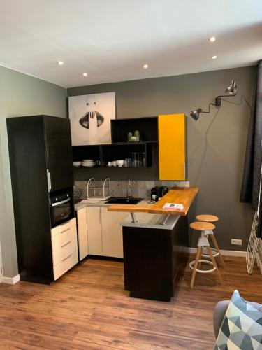 a kitchen with a black refrigerator and a counter top at My Little Home - Le Vieux Lille de Rousseau in Lille