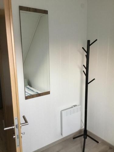 a mirror on the wall of a bathroom at Ferienwohnung Heigemeir in Ehekirchen
