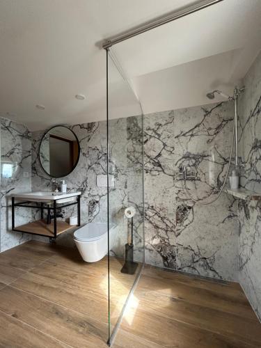 uma casa de banho com um chuveiro, um WC e um lavatório. em Villa Gloria 2 em Dubrovnik