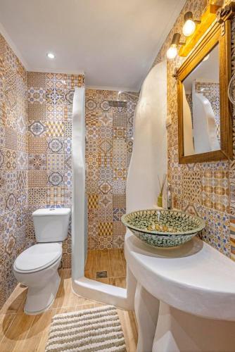 a bathroom with a toilet and a sink and a mirror at Beautiful historic house in Koskinou
