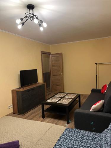 a living room with a couch and a tv at Cat Garden Modern Apartments Riga in Rīga