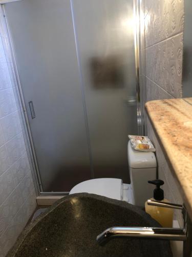 Baño pequeño con aseo y lavamanos en Elvira’s Apartment en Arachova