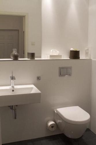 a bathroom with a sink and a toilet and a mirror at JM Apartments in Berlin