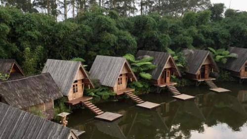 a group of houses in the water with trees at KDC House in Garut