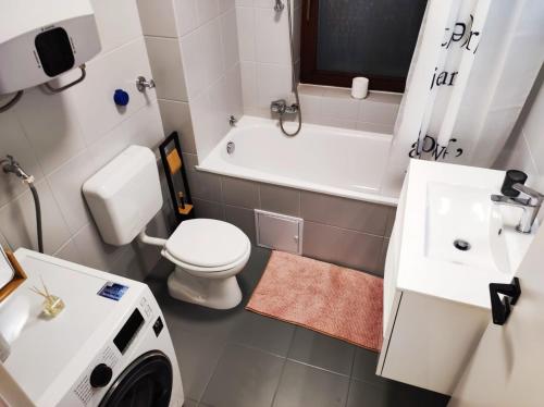 a bathroom with a toilet and a sink and a washing machine at Apartment Dada in Zagreb