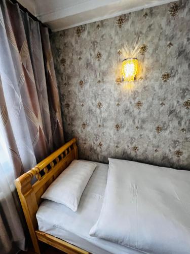 a bedroom with a bed and a chandelier at Khongor Guest house & Tours in Ulaanbaatar