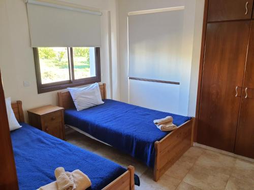 1 dormitorio con 2 camas con sábanas azules y ventana en JOANNA SUNSET APTS Pomos, en Pomos