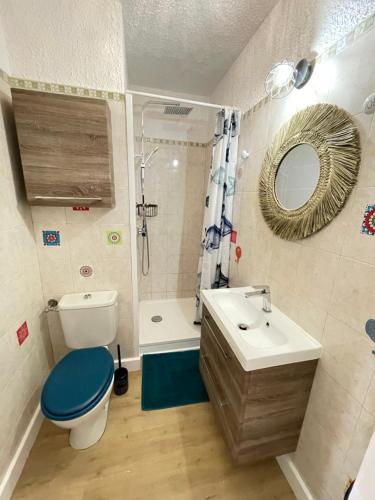 une salle de bain avec toilettes, lavabo et miroir dans l'établissement Superbe T2 Sognu di Mare, à Linguizzetta