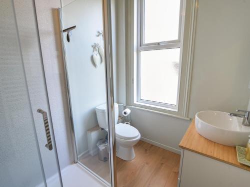 a bathroom with a shower and a toilet and a sink at Sunrise View in Seaton