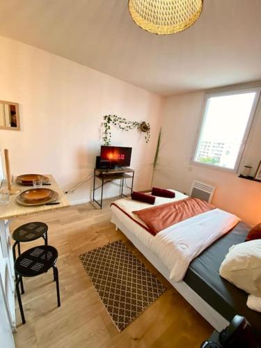 une chambre avec un lit et une télévision dans l'établissement Splendide studio Moderne - Proche centre - Laverie, à Nîmes