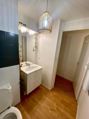 une salle de bain avec des toilettes blanches et un lavabo dans l'établissement Splendide studio Moderne - Proche centre - Laverie, à Nîmes