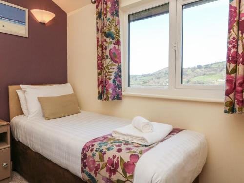 ein Schlafzimmer mit einem Bett und zwei Fenstern in der Unterkunft Chalet Log Cabin L15 in Ilfracombe